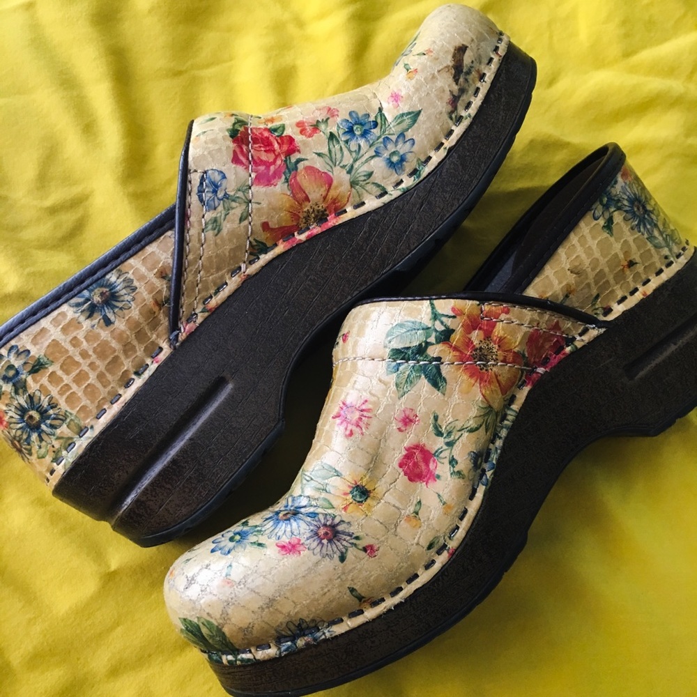 Dansko yellow floral clogs
